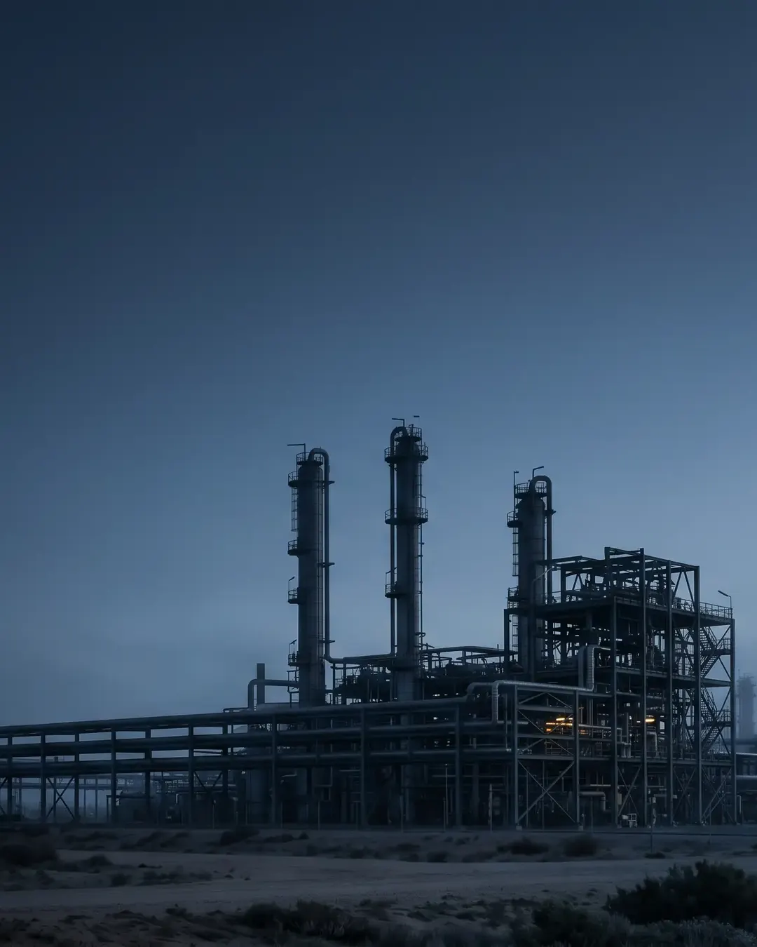 Abstract pre-dawn view of a petrochemical plant reduced to geometry, deep navy sky, no people or signage