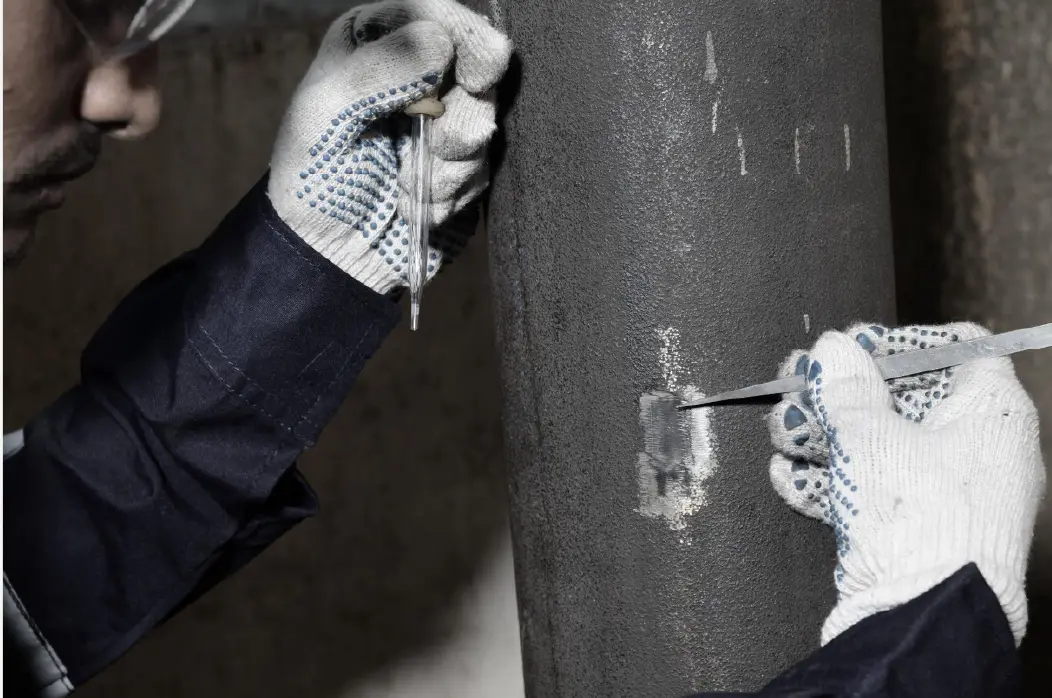 Gloved hands preparing an in-situ metallographic replica on a live pipe