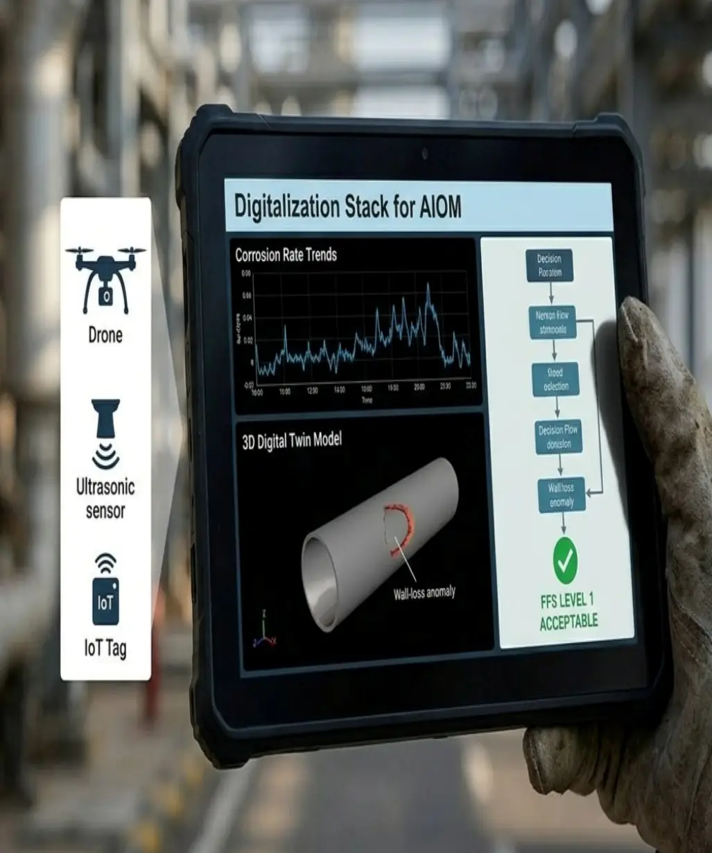 A field tablet running the AiOM digitalisation stack with corrosion rate trends, a 3D digital twin and an FFS Level 1 result fed by drone, ultrasonic sensor and IoT tag data