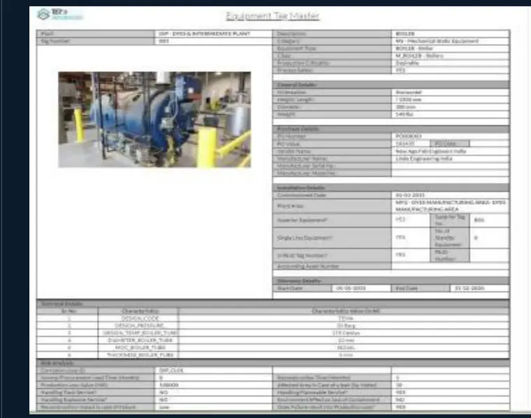 An AiOM Equipment Tag Master record with identity, history and linked documents for one asset