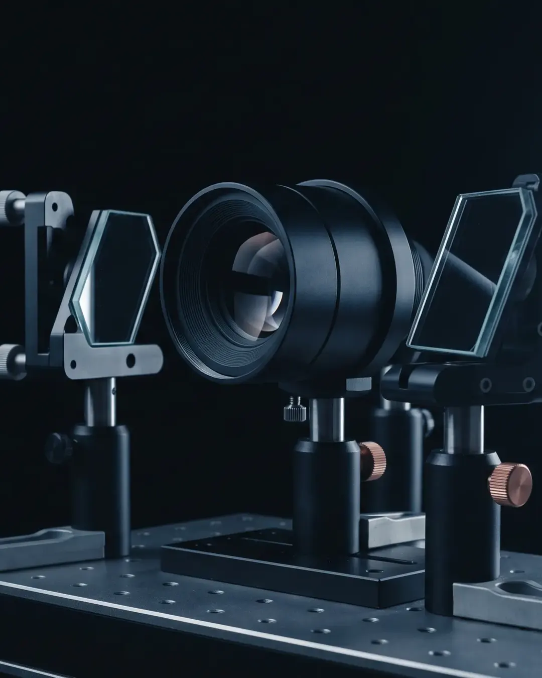 An abstract arrangement of cold laboratory optics and lenses on a dark bench