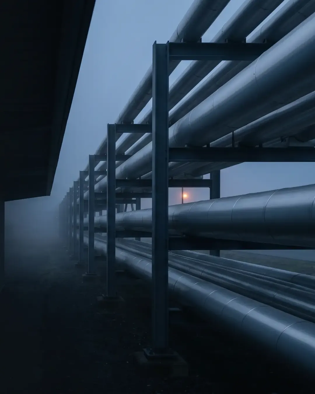 Insulated steam lines receding along a pipe rack at dusk
