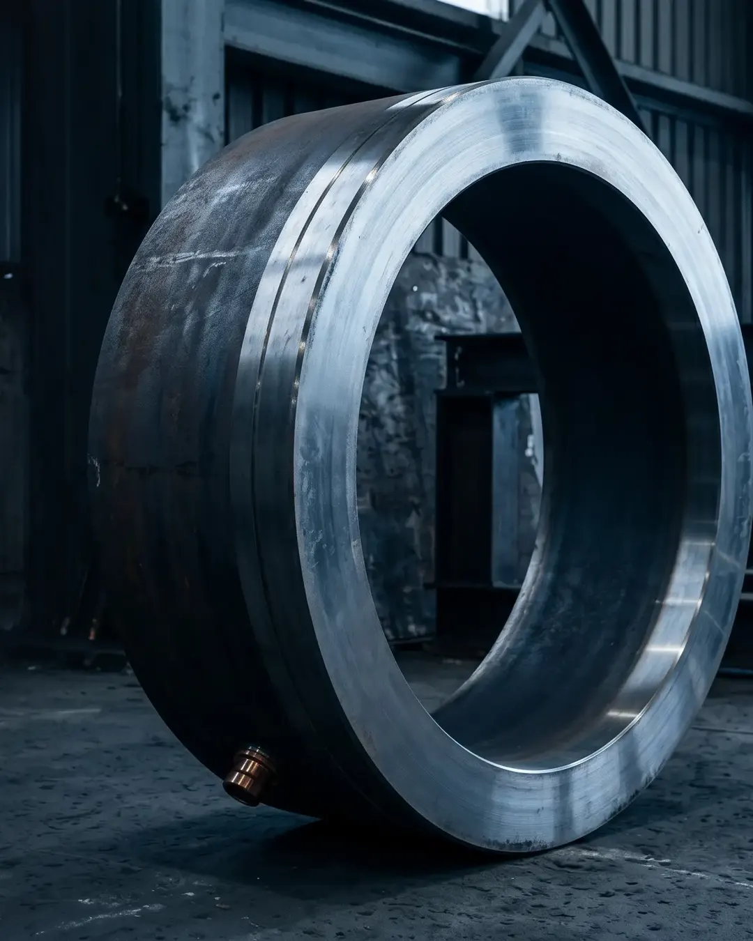 A sectioned thick-wall boiler tube ring in cold monochrome