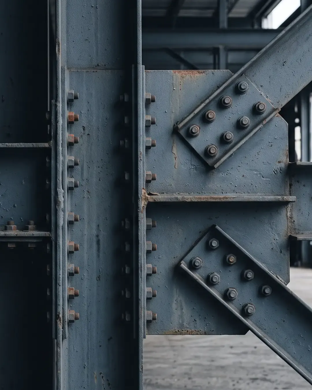 A bolted structural-steel node and gusset in cold monochrome