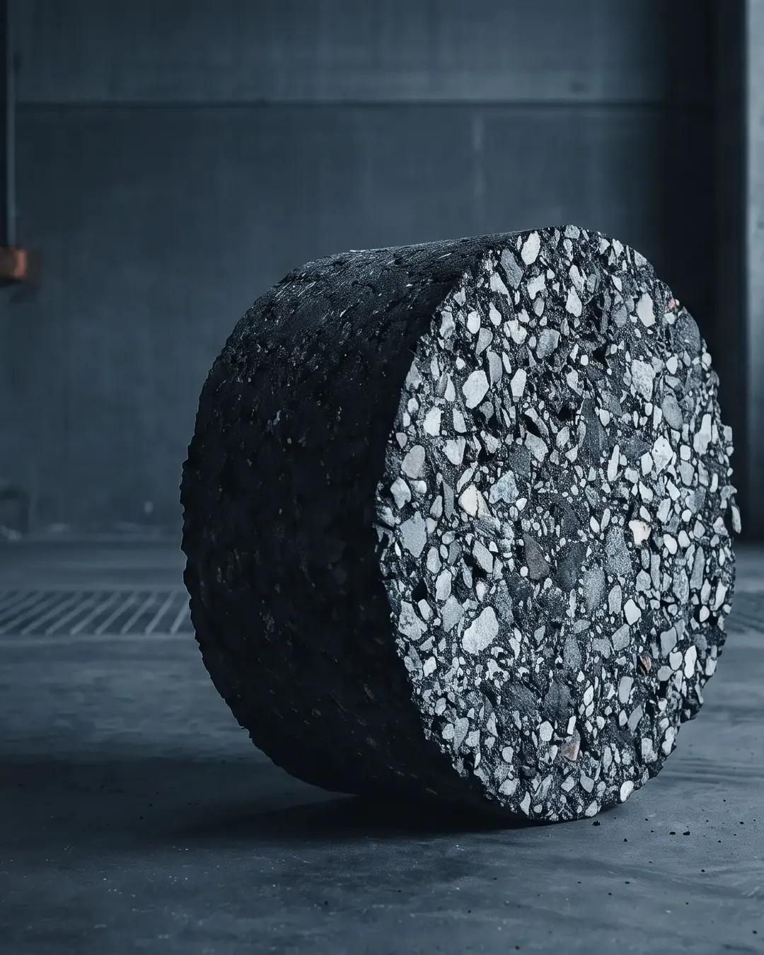 A cylindrical asphalt core showing bitumen-bound aggregate in cold tone