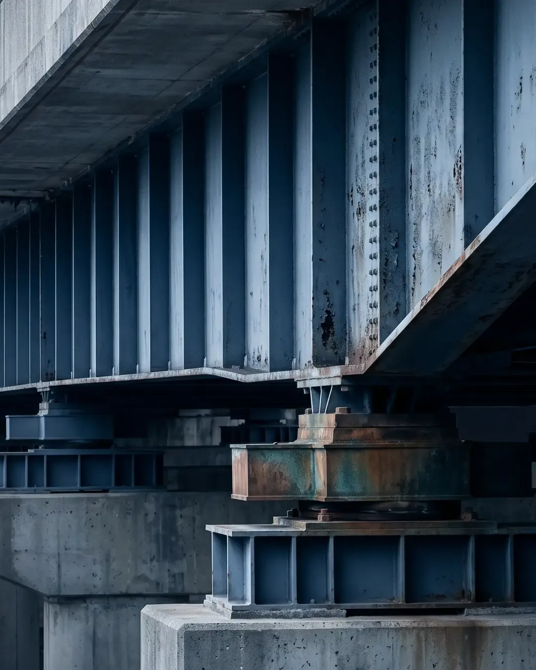 The underside of a bridge girder and bearings receding in cold light