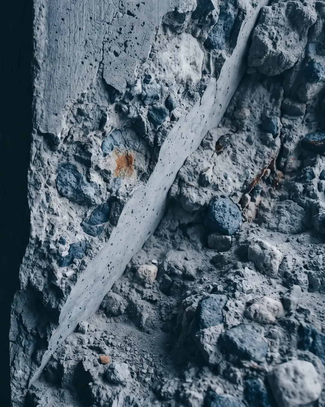 Macro of a fractured concrete surface: coarse aggregate in cement paste, one clean planar fracture face