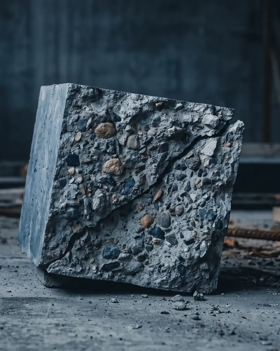 A compression-tested concrete cube with a conical fracture in cold tone