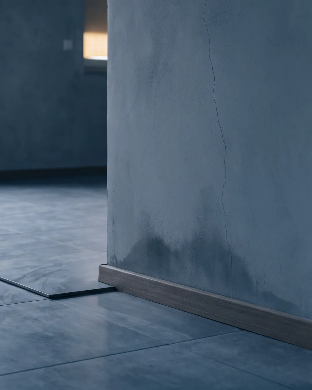 An empty newly finished flat at handover: bare plaster with a hairline crack and a damp bloom at the skirting, floor tiles catching flat daylight from a window off frame