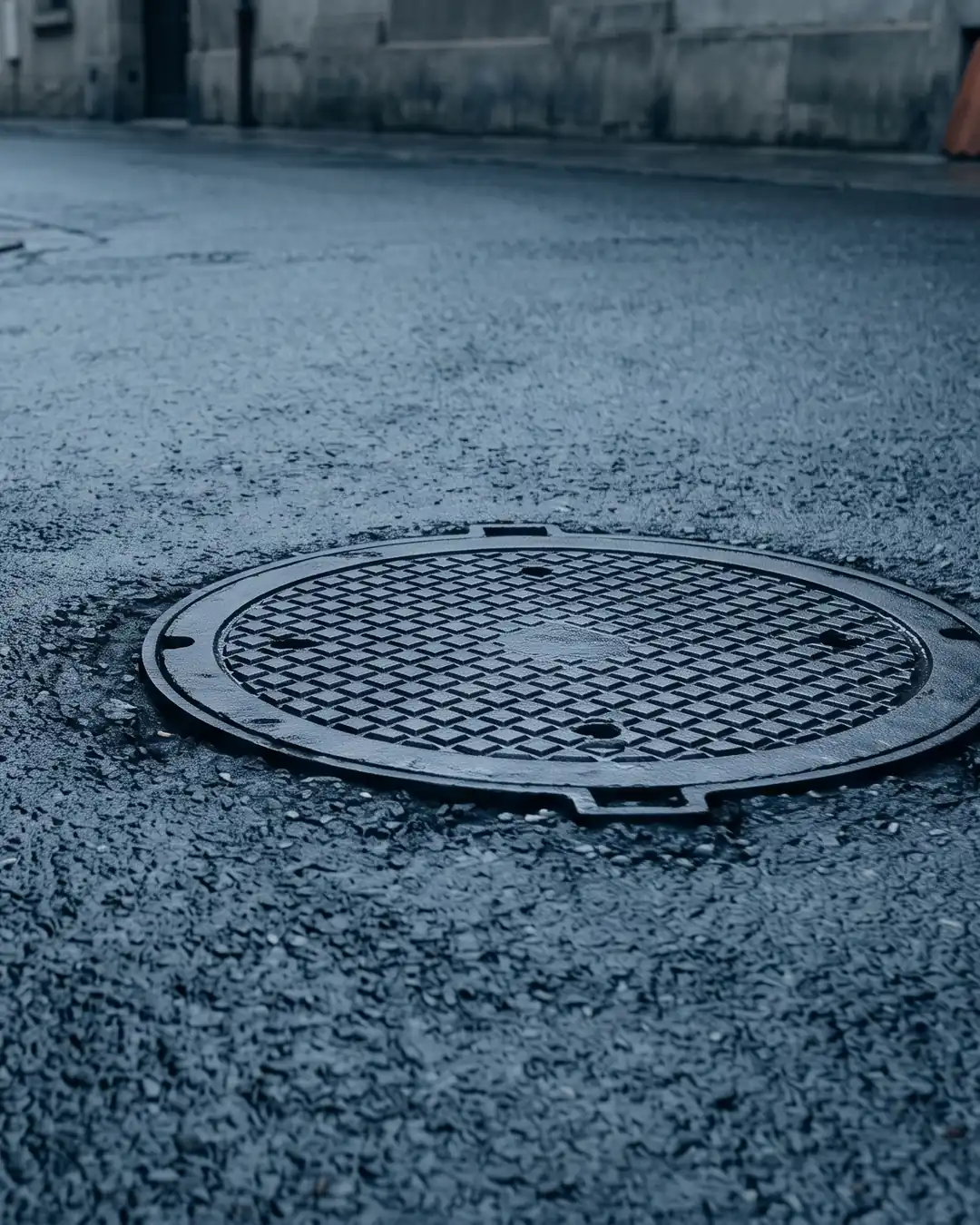A circular iron manhole cover seated flush in a wet asphalt road, seen from a low angle in cold light