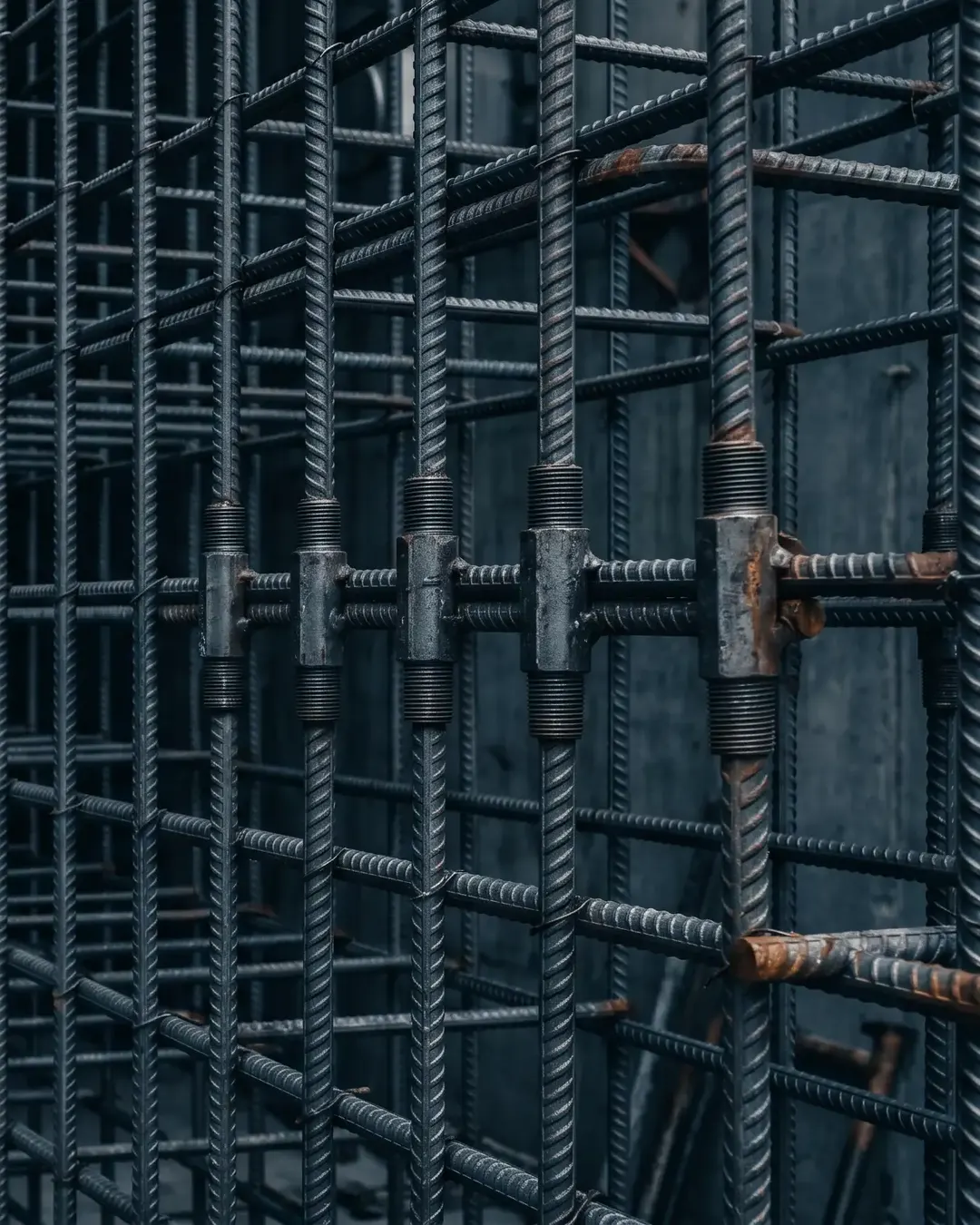A reinforcing bar cage with coupler splices receding in cold light