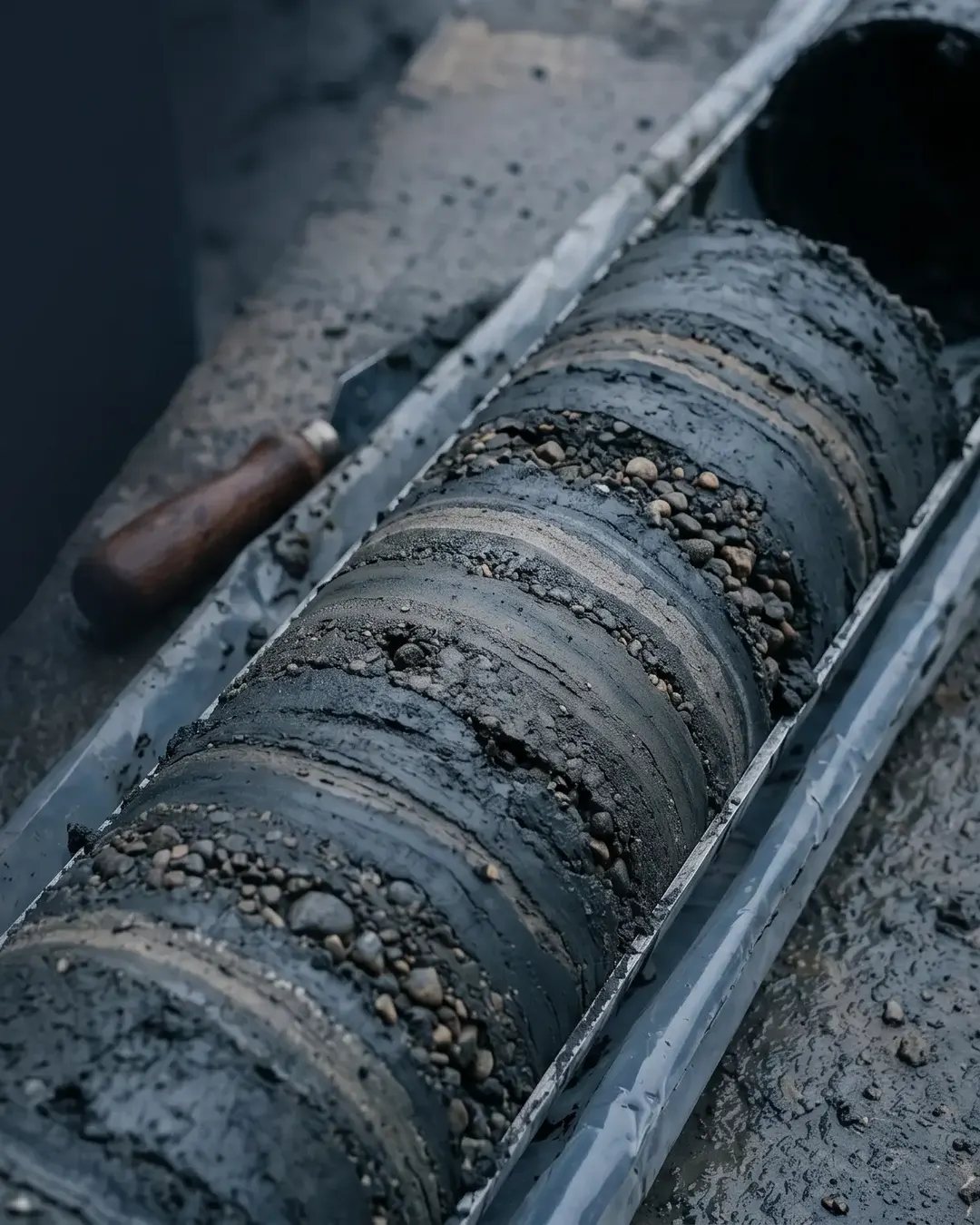 A stratified geotechnical soil core in a split liner, cold desaturated
