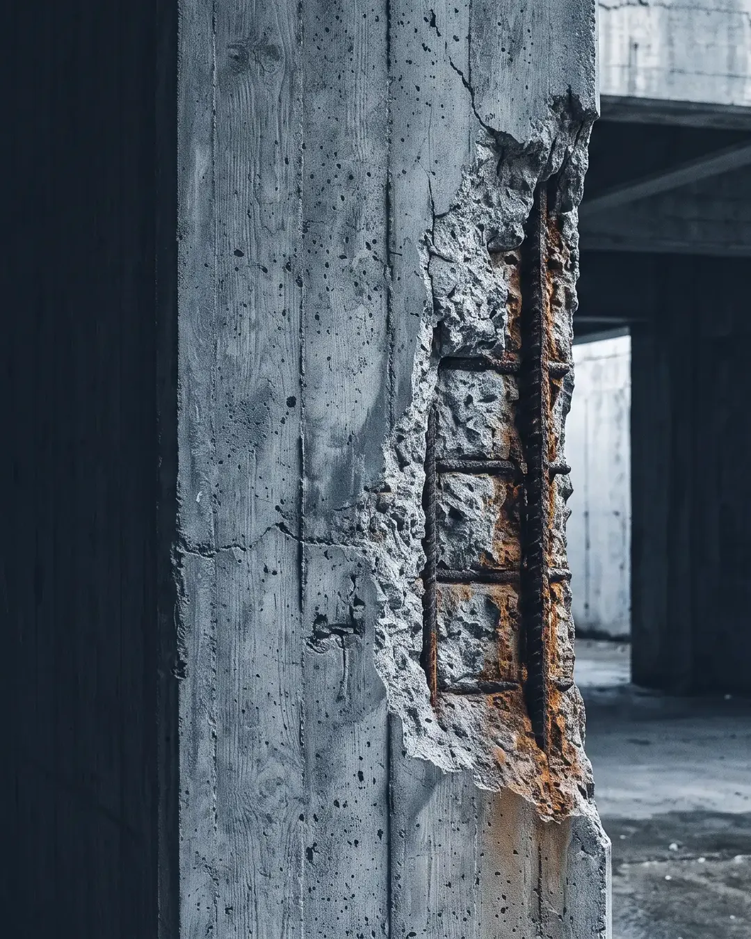 A spalled reinforced-concrete column with exposed reinforcement in cold tone