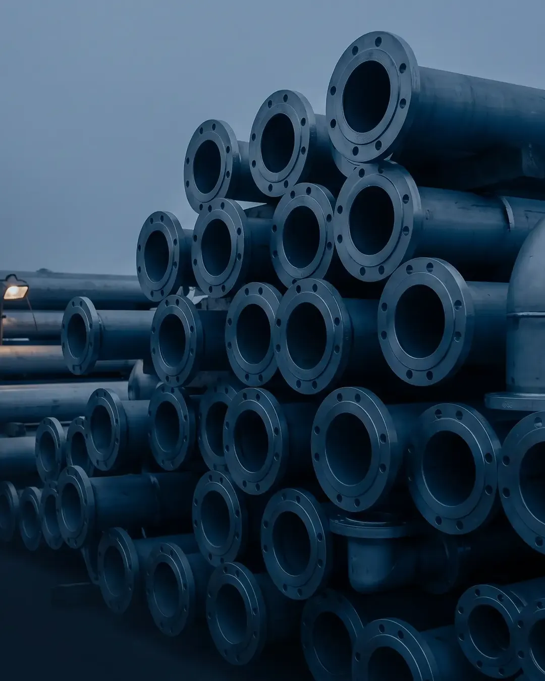 Fabricated pipe spools stacked in a yard at dusk, reduced to geometry