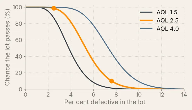 Operating characteristic curves for a sample of 200 at AQL 1.5, 2.5 and 4.0: the chance a lot passes against the per cent defective in the lot. At AQL 2.5 a lot 2.5 per cent defective passes about 99 times in 100, and a lot must be about 7.6 per cent defective before it passes only one time in ten.
