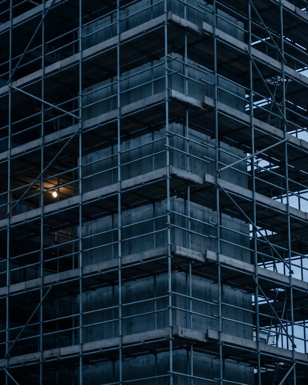 A scaffold lattice rising around a column at dusk in cold monochrome
