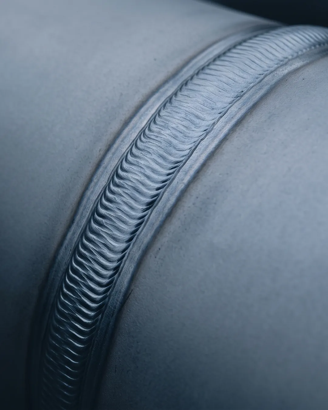 Close view of a finished girth weld cap on clean steel pipe, its fine ripples arcing across the pipe