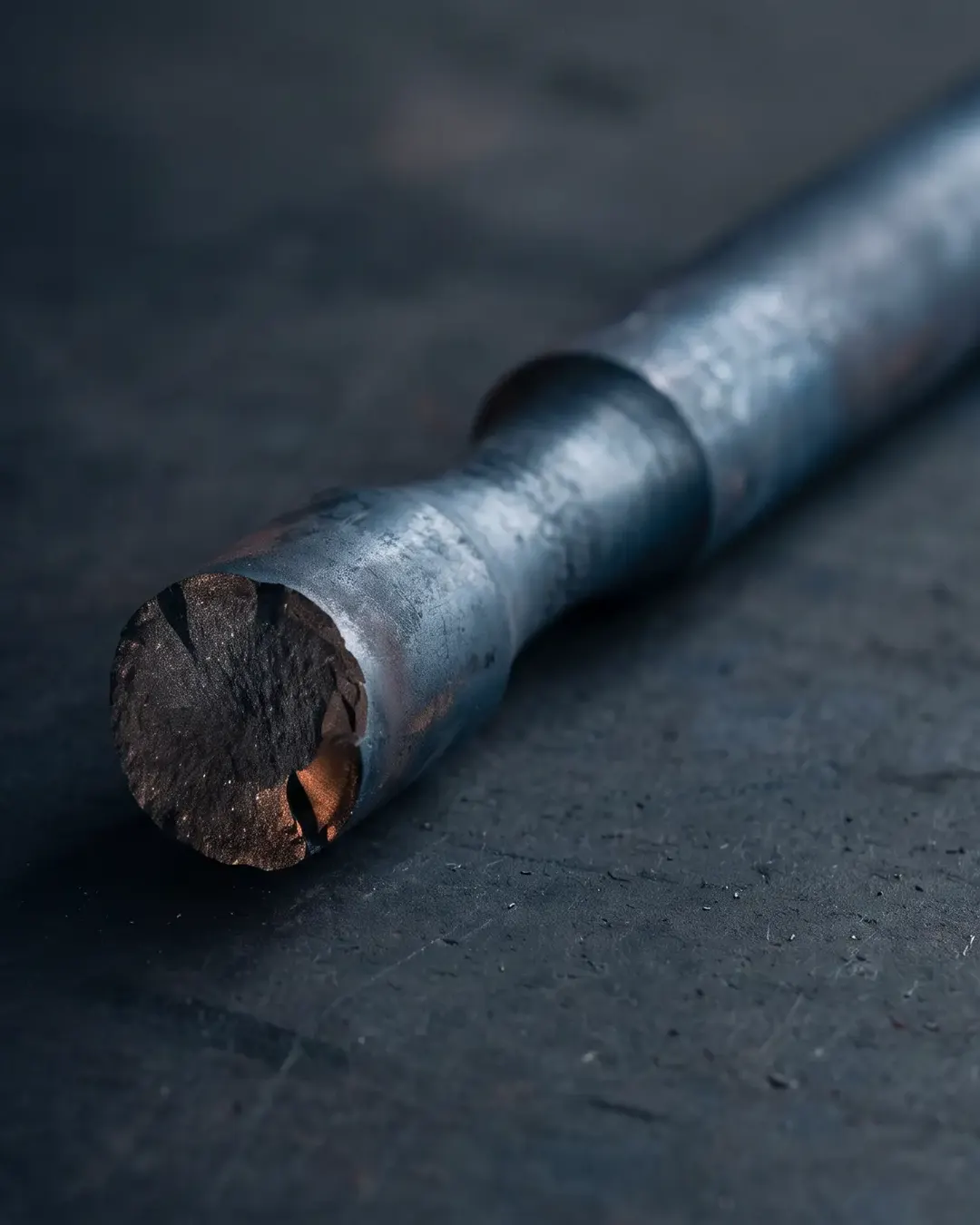 A crept, necked round test bar tapering to a rupture at the right of frame