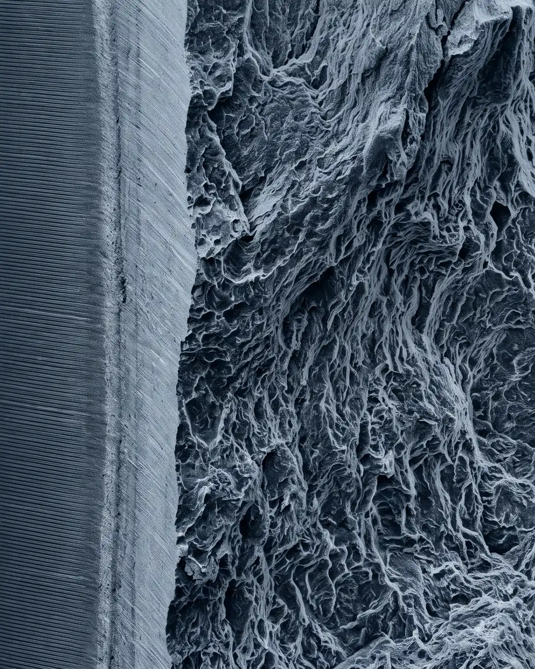 Macro view of a steel fracture surface, a smooth fatigue pre-crack band giving way to rough ductile tearing