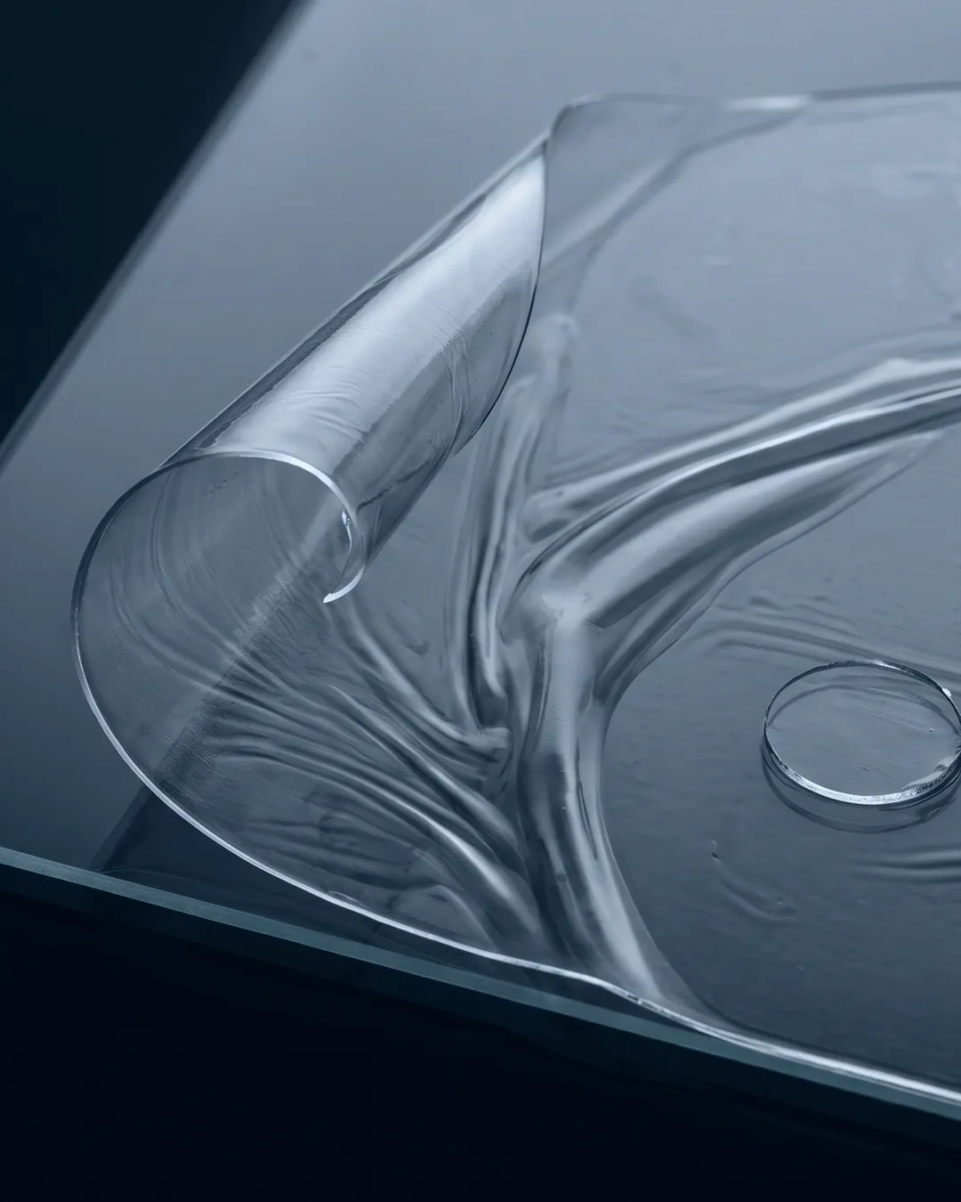 A thin clear acrylic polymer film peeling from a sheet of glass, with small cut discs of the same film beside it