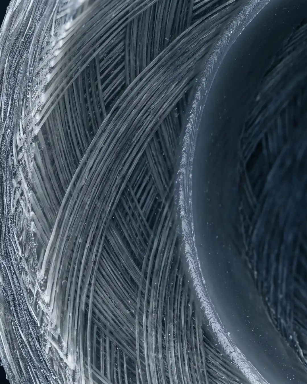 Macro of the cut wall of a glass reinforced epoxy pipe, layered glass fibre windings set in translucent epoxy resin
