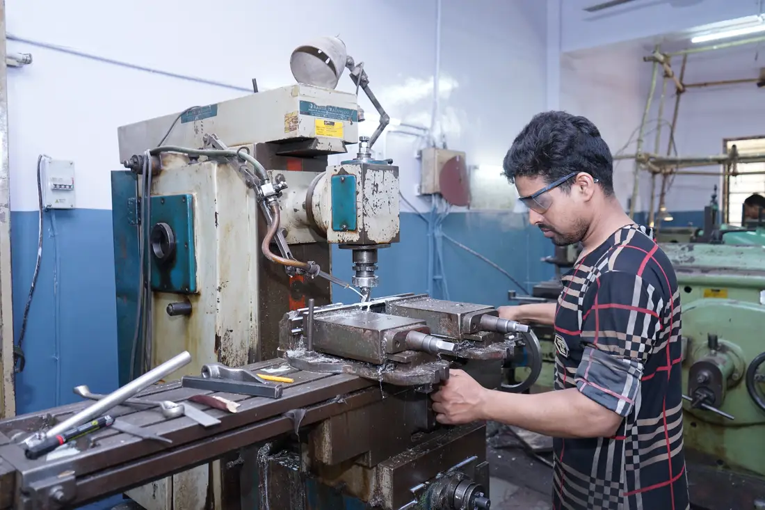 Machining a test specimen at the TCR Engineering machine shop, Mahape, Navi Mumbai