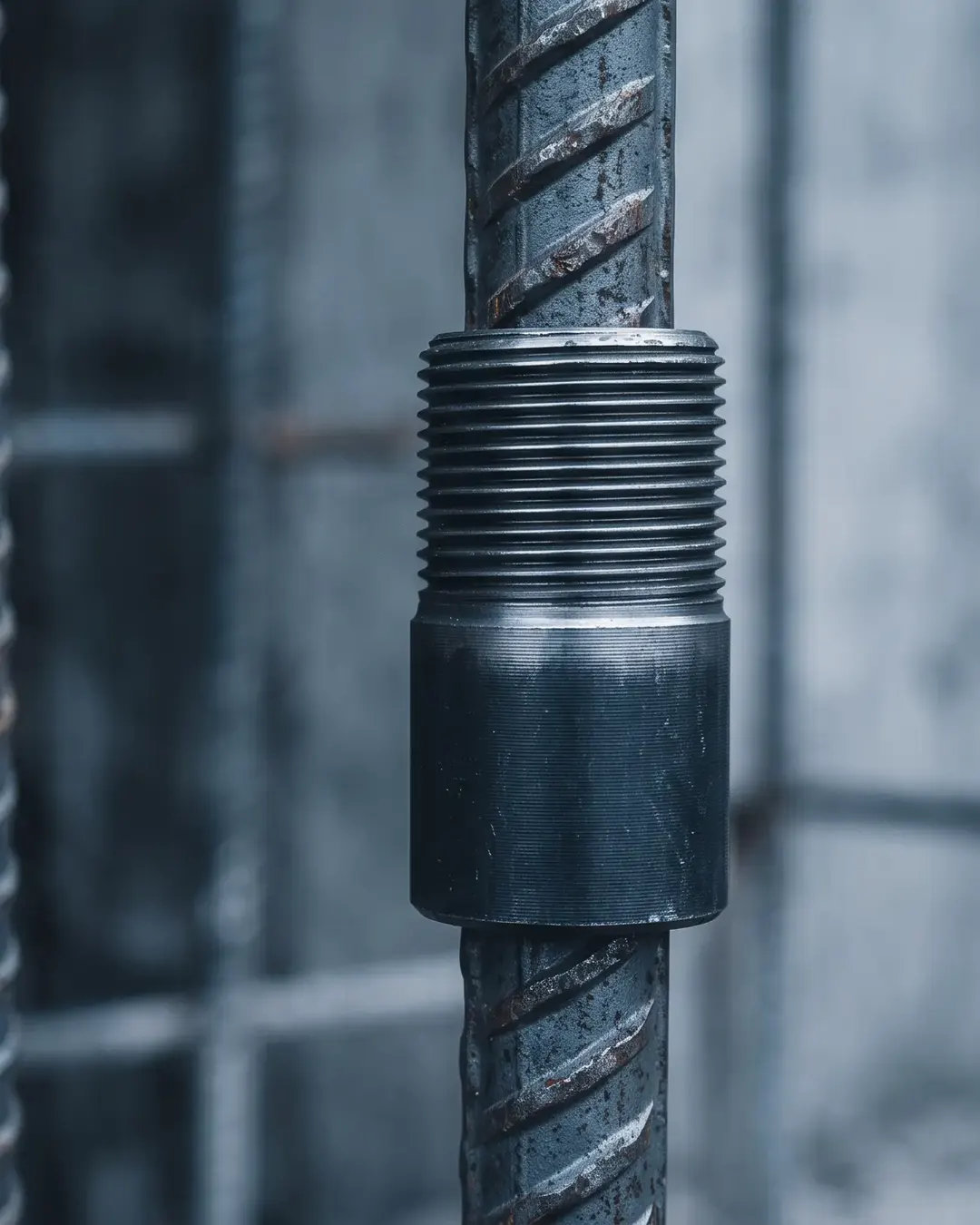 Macro of a parallel-threaded rebar coupler over the ribbed end of a reinforcing bar
