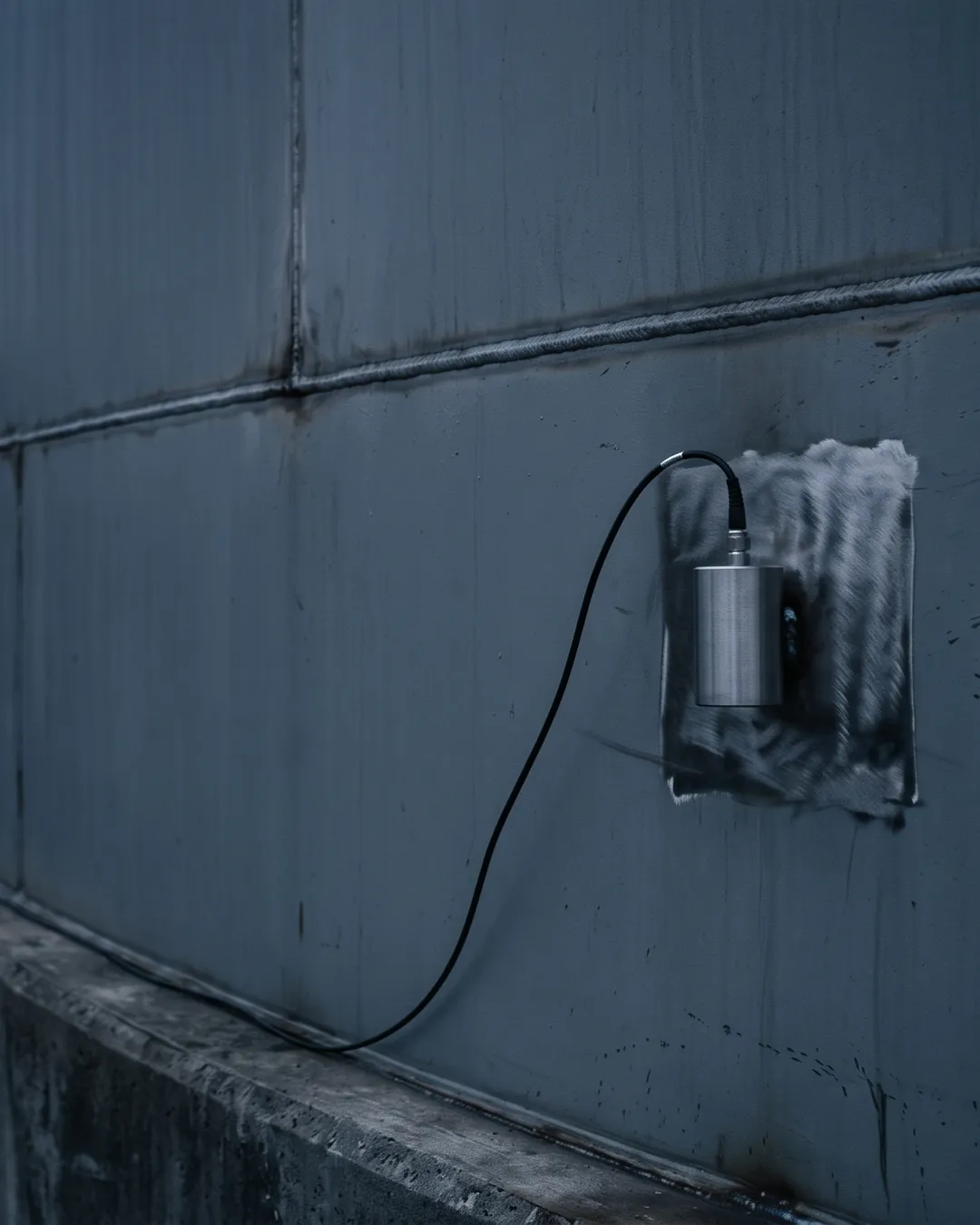The lower shell course of a large steel storage tank at dusk, an acoustic emission sensor clamped to a bare-metal patch with its signal cable looping down to the ring wall