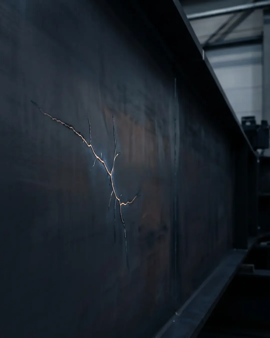 A fine crack indication revealed on a steel surface by magnetic particle testing