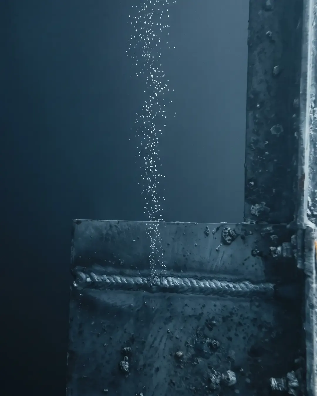 A fine trail of bubbles rising from a submerged weld in cold water