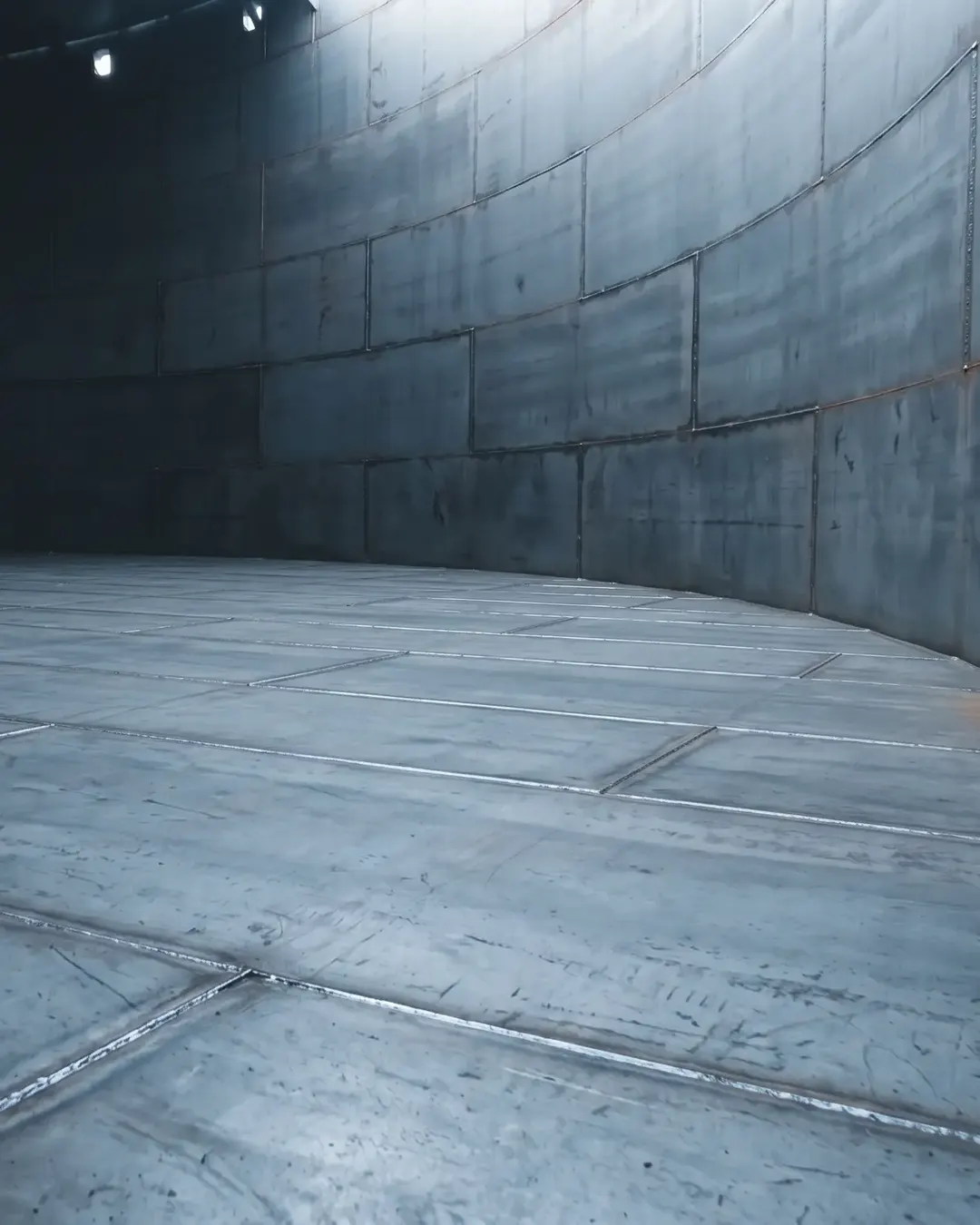 A vast storage-tank floor of lapped steel plates receding in cold light