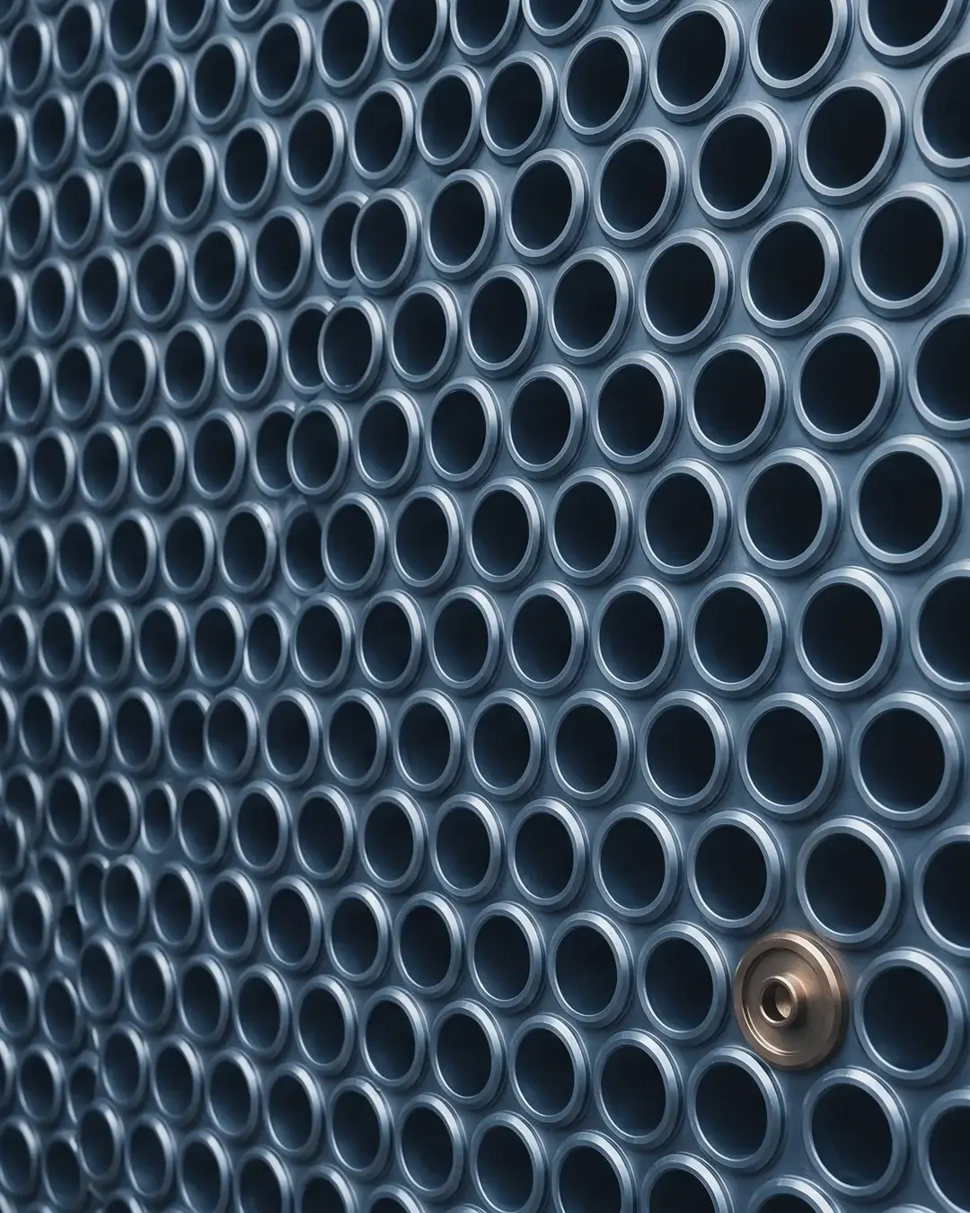 The tubesheet face of a heat exchanger, a honeycomb of tube ends