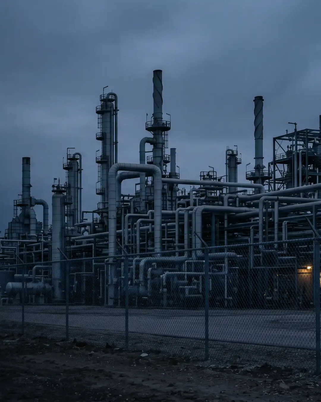 Dense process pipework and columns behind a chain-link boundary at dusk