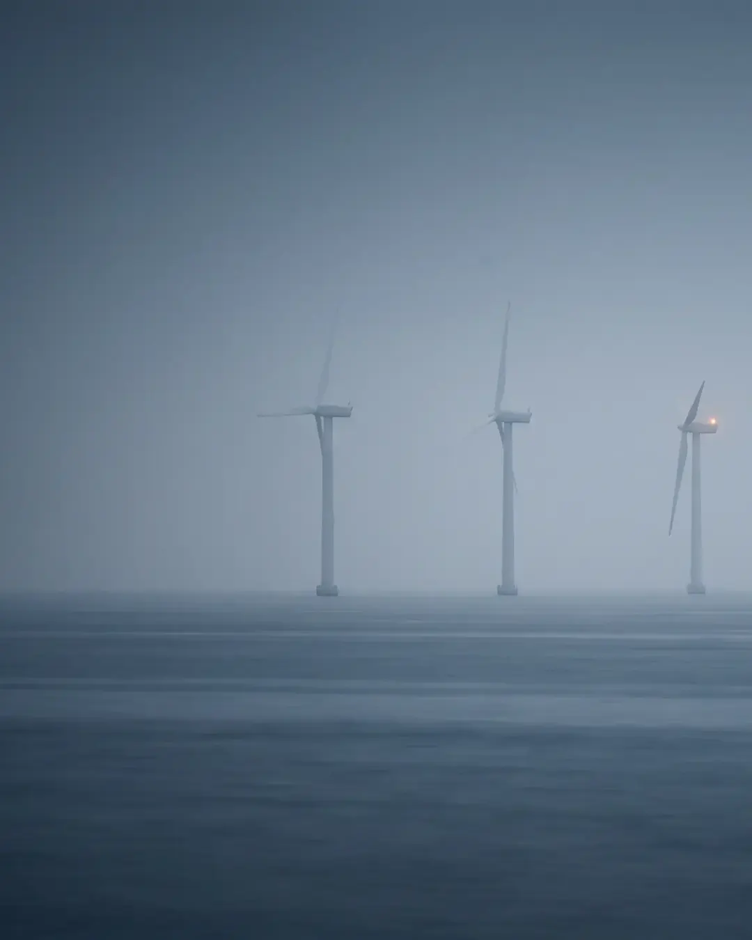 Three offshore wind turbine towers seen from sea level through cold morning haze