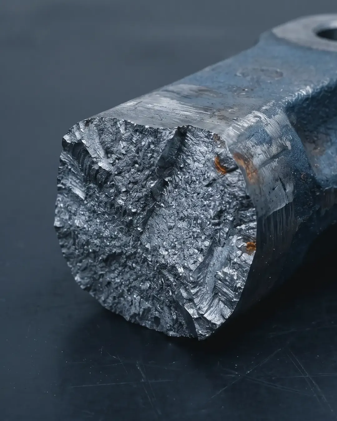 A single fractured steel component on a dark bench, lit from above, fracture face toward the lens