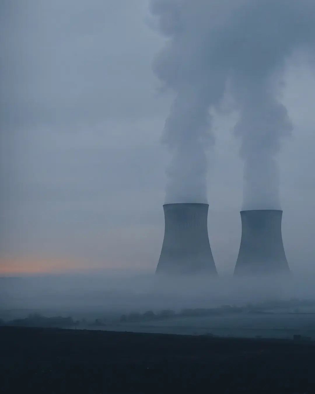 Two natural-draught cooling towers seen at dawn through fog, hyperboloid curves reduced to soft grey forms