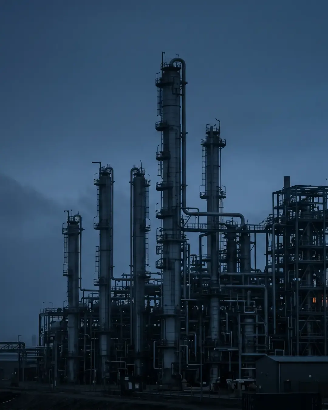 A crude distillation unit at blue hour, backlit silhouette and cold mist