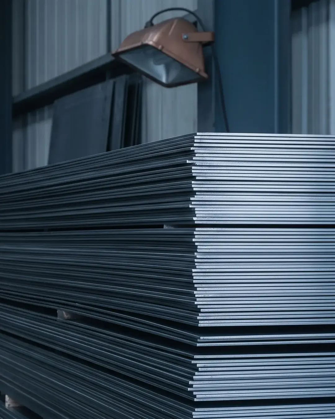 Thin metal sheets stacked edge-on in cold light, evoking layered documents