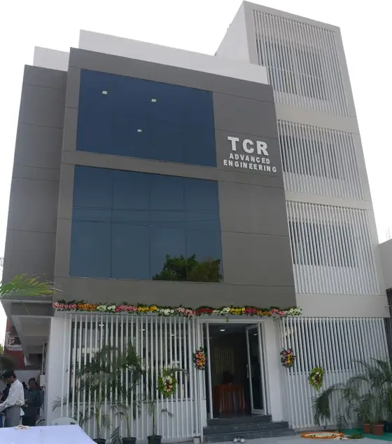 The TCR Advanced Engineering building at Vadodara on its opening day, garlanded across the entrance