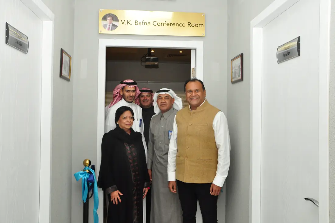 Inauguration of the V.K. Bafna Conference Room, Dammam, 2017: Neelam Bafna and Rohit Bafna with the TCR Arabia team.