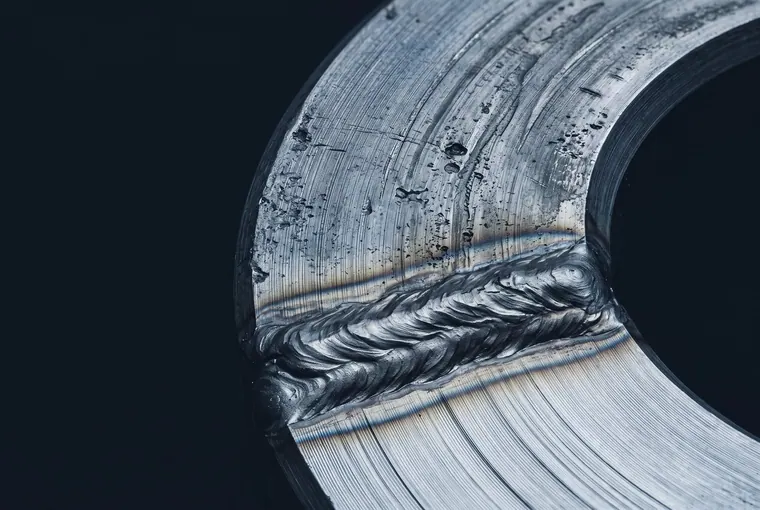 Macro view of a gate valve sealing face, scored and pitted on one side and rebuilt with rippled stainless weld beads being machined smooth on the other