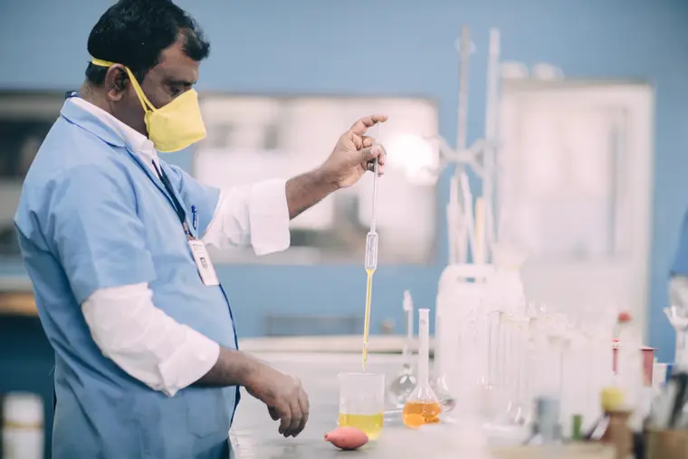 Wet chemical analysis in the laboratory.