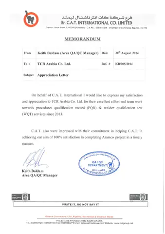 Appreciation from CAT International