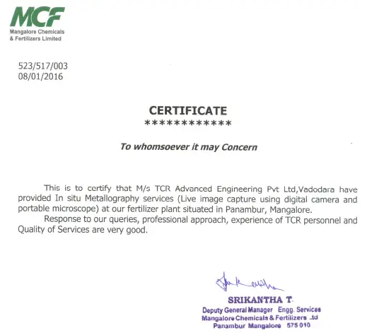 Mangalore Chemical Fertilizer Appreciation letter for replica