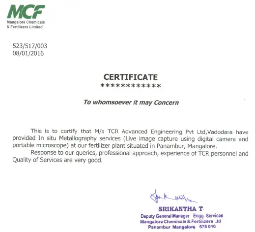 Mangalore Chemical Fertilizer Appreciation letter for replica