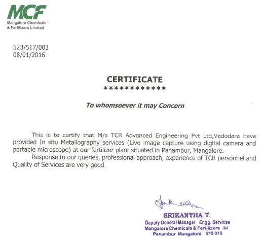 Appreciation from Mangalore Chemicals & Fertilisers