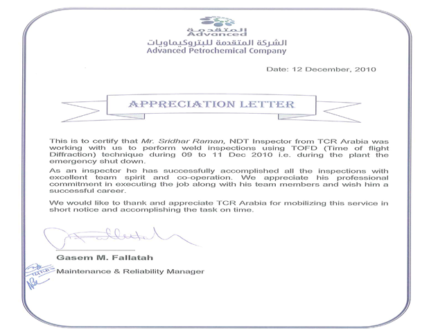Appreciation letter from APPC