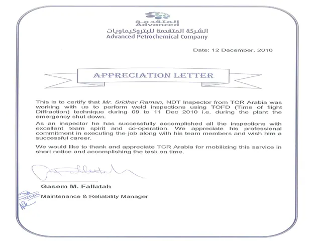 Appreciation letter from APPC