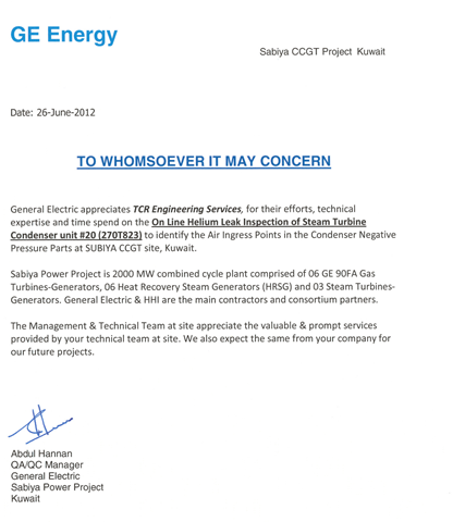 Appreciation letter from GE, Kuwait