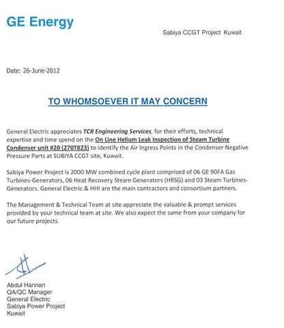 Appreciation letter from GE, Kuwait